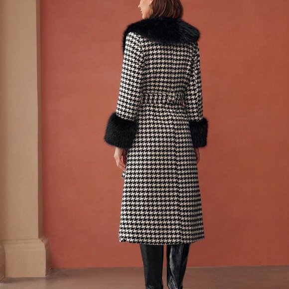 Black And White Elegant Women's Tweed Houndstooth Longline Overcoat - Picture 2 of 8